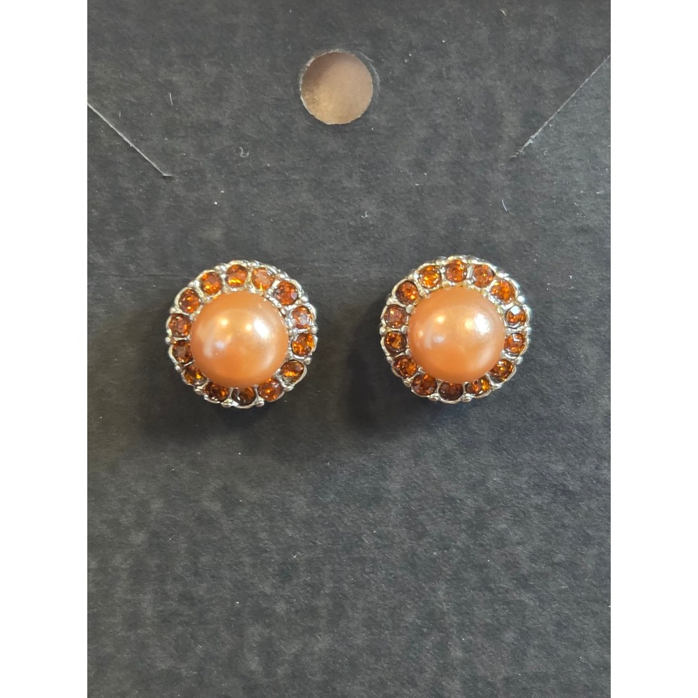 Peach Faux Pearl Amber Rhinestone Halo Stud Earrings Silver Tone Round Cluster